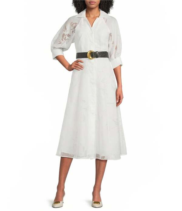 ダナキャラン レディース トップス ワンピース ボタンダウン フラワー柄 プリント ミディ ダウン フラワー Donna Karan Floral Printwill Jacquard Button Down Midi Dress Cream クリーム｜ReVida 店