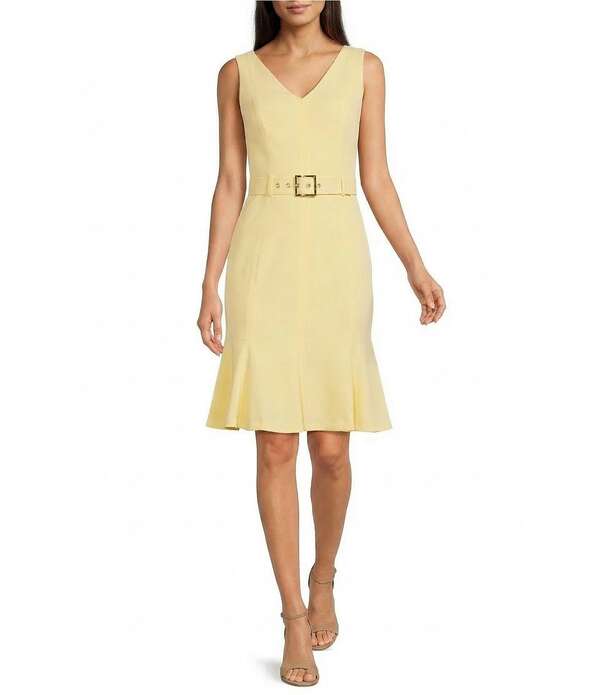 カルバンクライン レディース トップス ワンピース Vネックレープ スキューバ ノースリーブ Calvin Klein Scuba Crepe Sleeveless V Neck Dress Lemon Ice
