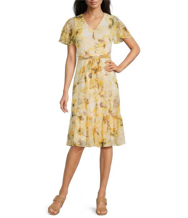 カルバンクライン レディース トップス ワンピース ティアード シフォン フラワー柄 プリント フラワー Calvin Klein Crinkle Chiffon Floral Printieredress Dijon Multi マルチカラー