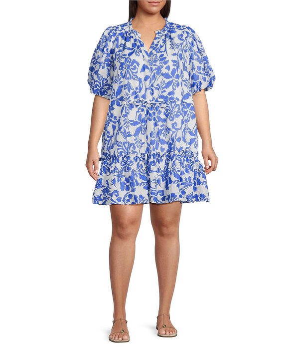 シュガーリップス レディース トップス ワンピース Vネック A ライン フラワー柄 プラスサイズ ミニ フラワー Sugarlips Plusize Shia Floral Noella Split V-Neck Short Sleeve A-Line Mini Dress White/Blue ホワイト｜ReVida 店