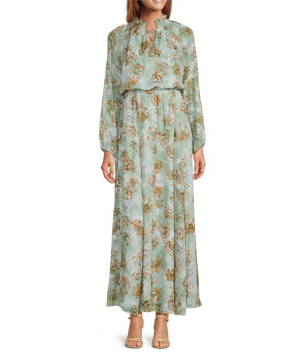 メロデイ レディース トップス ワンピース シフォン A ライン フラワー柄 シャーリング マキシ フラワー MELLODAY Floral Chiffon Jacquard Smocked Neck Long Sleeve A-Line Maxi Dress Mint Multi ミント|ReVida 店