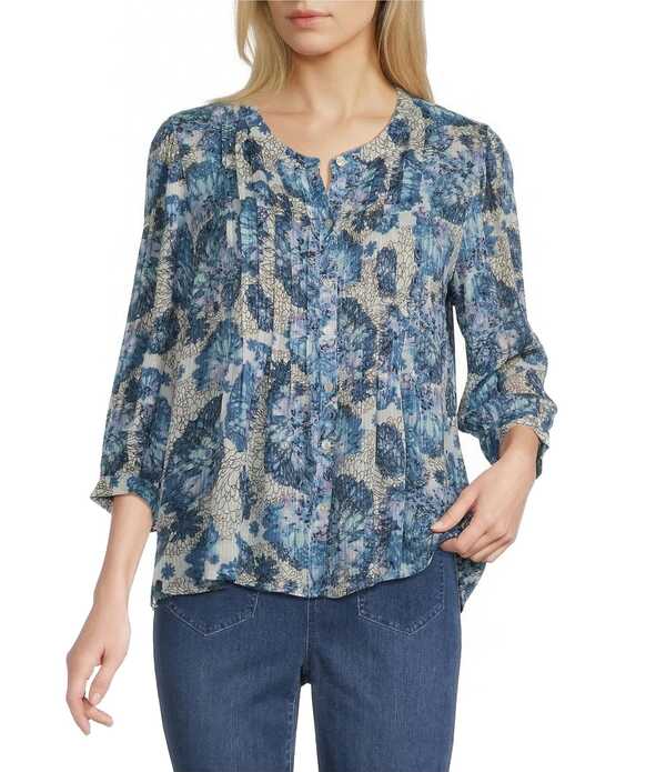 イントロ レディース トップス シャツ フラワー柄 プチ プリーツ プリント ブラウス フラワー Intro Petite Size Blue Floral Print Pleated Button Front Blouse Victoria Blue ブルー