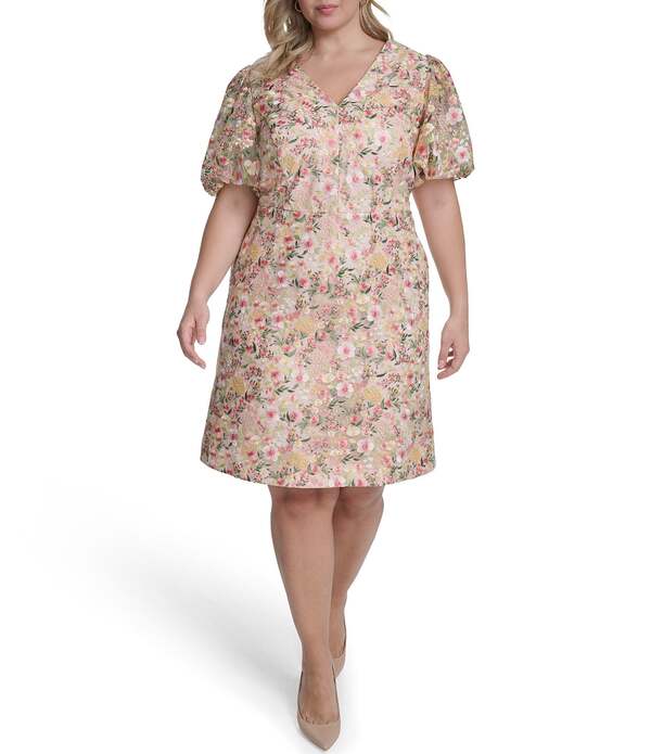 エリザジェイ レディース トップス ワンピース Vネック フラワー柄 プラスサイズ プリント フラワー Eliza J Plusize Floral Print V-Neck Puff Sleeve Fit & Flare Dress Blush ブラッシュ 41,470円