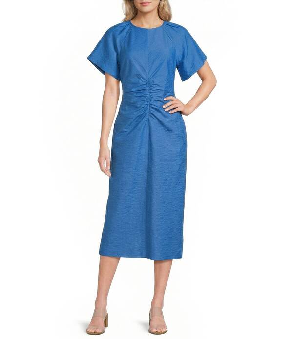 ギブソンアンドラティマー レディース トップス ワンピース ギャザー ミディ Gibson & Latimer Scoop Neck Bubble Puff Sleeve Ruched Tie Back Midi Dress Royal