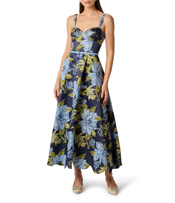 アイダンマットックス レディース トップス 衣装 御花柄 マキシ 御花 Aidan Mattox Floral Jacquard Maxi Dress With a Belt Blue Multi 青色