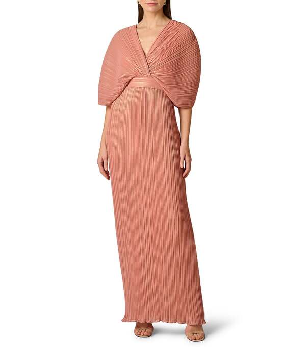 アイダンマットックス レディース トップス ワンピース Vネック シフォン プリーツ Aidan Mattox Pleated Foiled Chiffon V-Neck Dolman Sleeves Long Dress Rose/Gold ゴールド