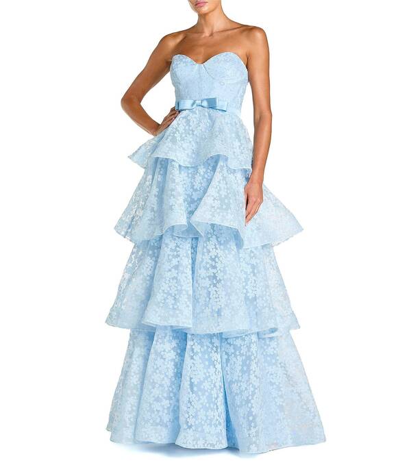 マックダガル レディース トップス ワンピース ティアード フラワー柄 ストラップレス フラワー Mac Duggal Straplessweetheart Floral Organza Tiered Gown Powder Blue ブルー
