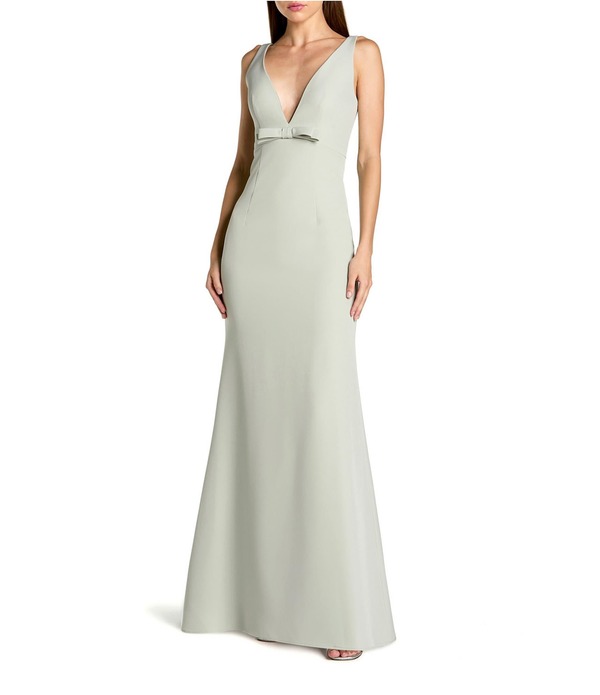 マックダガル レディース トップス ワンピース Vネックレープ ノースリーブ Mac Duggal Crepe Sleeveless Bow Front V-Neck Gown Sage セージ｜ReVida 店