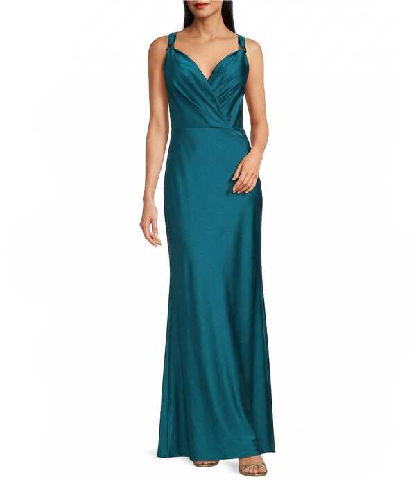 ベッツィアンドアダム レディース トップス ワンピース Vネック サテン ノースリーブ Betsy & Adam Satin V-Neck Sleeveless Hardware Sheath Long Dress Teal ティール