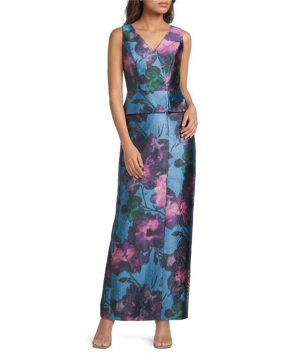 ケイ アンジャー レディース トップス ワンピース Vネック フラワー柄 フラワー Kay Unger V Neck Floral Mikado Peplum Column Gown Spring Aqua アクア