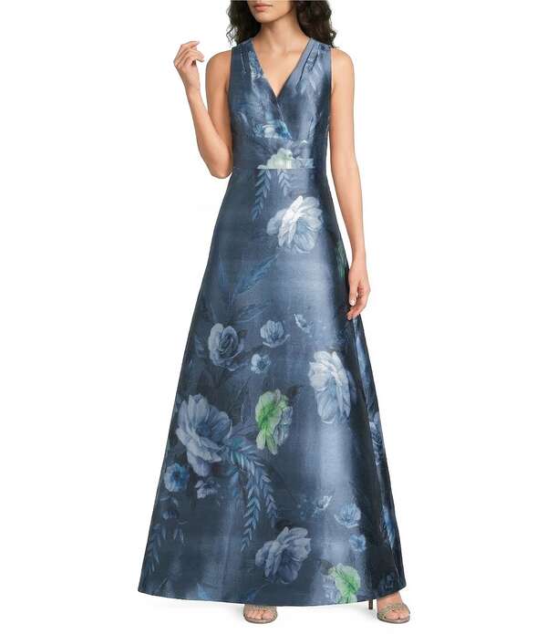 ケイ アンジャー レディース トップス ワンピース A ライン プリント Kay Unger Printed Mikado A Line Gown Teal Blue ブルー