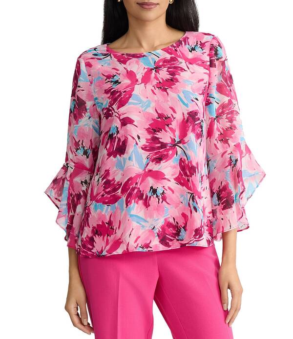 カスパール レディース トップス シャツ フラワー柄 プチ プリント フリル ブラウス フラワー Kasper Petite Size Floral Print 3/4 Ruffle Sleeve Blouse Lily White Multi ホワイト