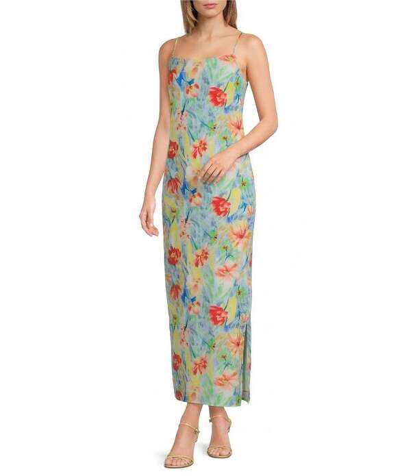 サムエデルマン レディース トップス ワンピース フラワー柄 プリント ミディ サテン ノースリーブ フラワー Sam Edelman Satin Floral Print Square Neck Sleevelessheath Slip Midi Dress Blue Multi ブルー