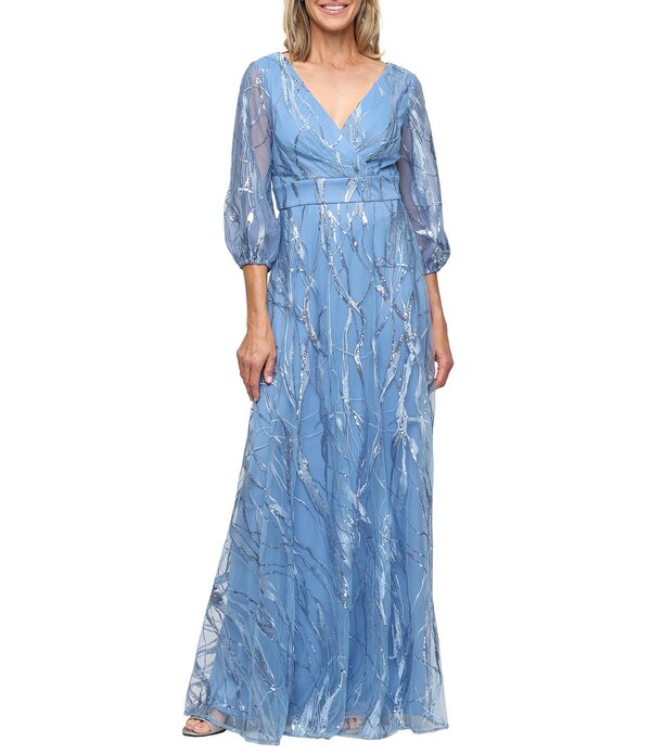 アレックスイブニングス レディース トップス ワンピース チュール 刺繍 Alex Evenings Embroidered Tulle Surplice Neck Bubble Sleeve Long Dressky Blue ブルー