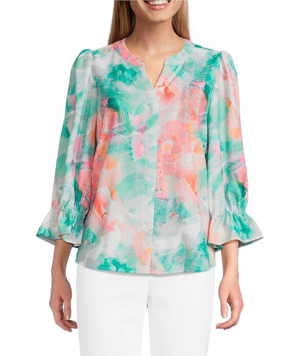インベストメンツ レディース トップス シャツ ボタンダウン プチ ダウン ブラウス Investments Petite Size Julie Abstract Marble 3/4 Sleeve Y-Neck Button Down Blouse Abstract Marble｜ReVida 店
