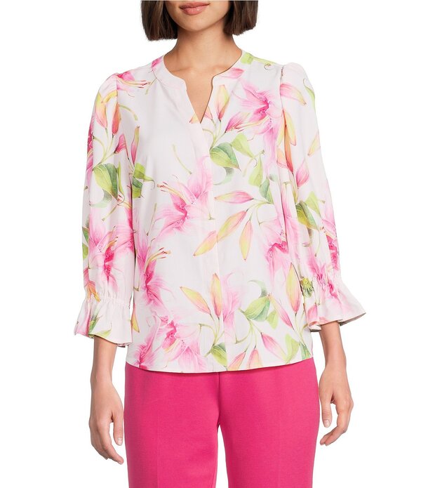 インベストメンツ レディース トップス シャツ ボタンダウン フラワー柄 プチ ダウン ブラウス フラワー Investments Petite Size Juliexploded Floral 3/4 Sleeve Y-Neck Button Down Blousexploded Floral