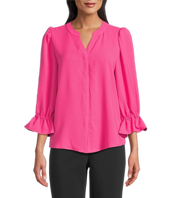 インベストメンツ レディース トップス シャツ ボタンダウン プチ ダウン ブラウス Investments Petite Size Julie 3/4 Sleeve Y-Neck Button Down Blouse Magenta マゼンタ|ReVida 店