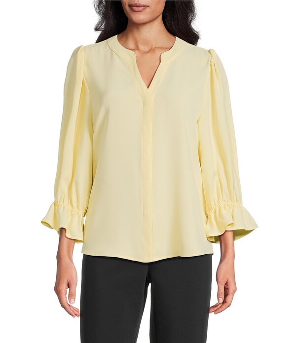 インベストメンツ レディース トップス シャツ ボタンダウン プチ ダウン ブラウス Investments Petite Size Julie 3/4 Sleeve Y-Neck Button Down Blouse Pale Banana