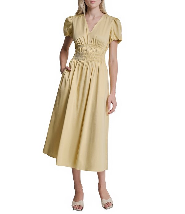 ダナキャラン レディース トップス ワンピース Vネック A ライン ミディ シャーリング DKNY by Donna Karan Poplin V-Neck Short Sleeve Smocked A-Line Midi Dress Buttercream 34,320円