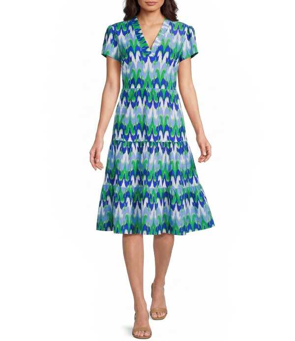 ジュードコーナリー レディース トップス ワンピース Vネック ティアード A ライン プリント ミディ ニット Jude Connally Libby Paradise Ikat Print Jude Cloth Stretch Knit V-Neck Short Puff Sleeve A-Line Tiered Midi Dress Paradise Ikat Cobalt コバルト｜ReVida 店