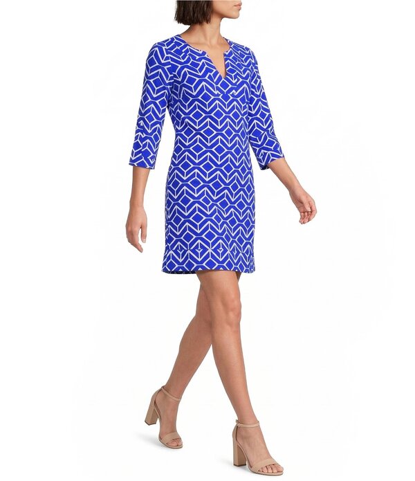ジュードコーナリー レディース トップス ワンピース Vネック プリント ニット Jude Connally Megan Sail Geo Print Jude Cloth Stretch Knit 3/4 Sleeve Split V-Neck Shift Dressail Geo Cobalt コバルト｜ReVida 店
