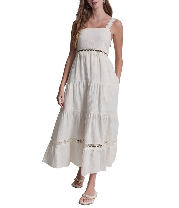 ダナキャラン レディース トップス ワンピース ティアード A ライン ノースリーブ コットン レース マキシ ジーンズ DKNY Jeans by Donna Karan Cotton Square Neck Sleeveless Lace Insetiered A-Line Maxi Dress Eggnog