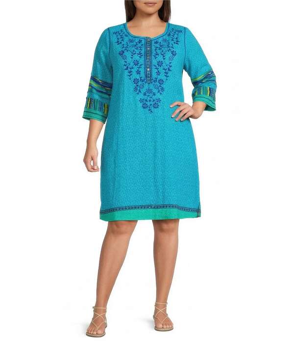 ジョン マーク レディース トップス ワンピース フラワー柄 プラスサイズ 刺繍 フラワー John Mark Plusizembroidered Floral Round Neck 3/4 Sleeveshift Dress Teal Print ティール