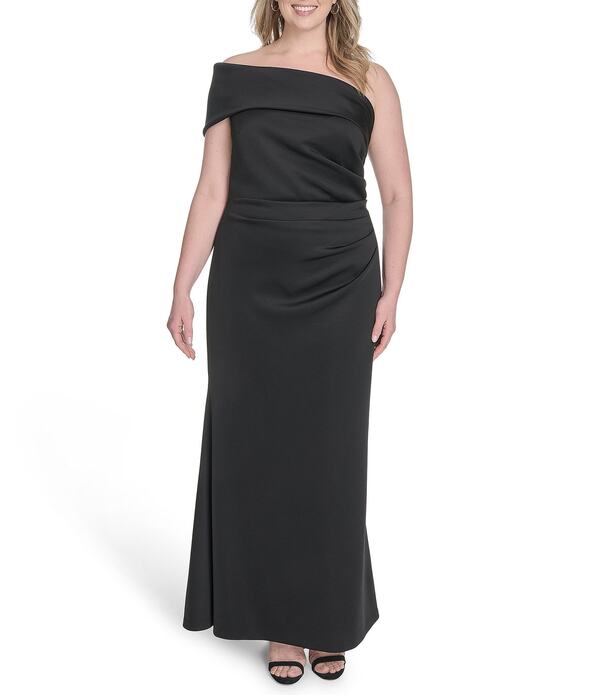 エリザジェイ レディース トップス ワンピース プラスサイズ ギャザー Eliza J Plusize One Shoulder Side Ruched Long Dress Black ブラック