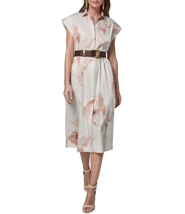 ダナキャラン レディース トップス ワンピース フラワー柄 ミディ Tシャツ コットン キャップ フラワー Donna Karan Cotton Sateen Floral Point Collar Cap Sleeve Belted Button Front Midi Dressnow Petal｜ReVida 店
