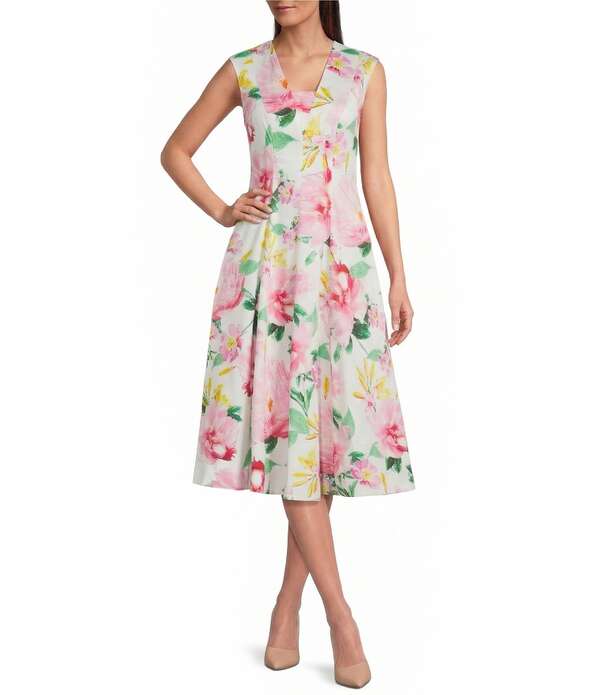 カール ラガーフェルド レディース トップス ワンピース Vネック フラワー柄 Tシャツ ノースリーブ フラワー KARLAGERFELD PARIS Floral Sateen V-Neck Sleeveless Dressoft White Multi ホワイト｜ReVida 店
