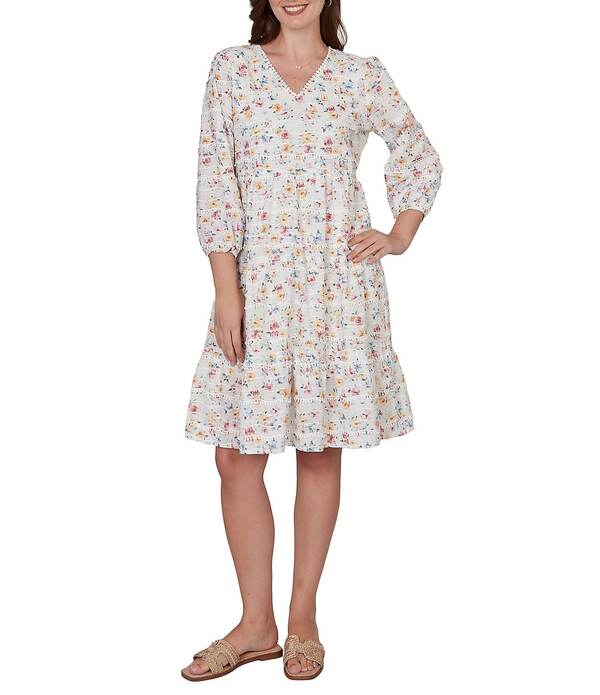 ルビーアールディー レディース トップス 衣装 V素っ首 御花柄 プチ 御花 Ruby Rd. Petite Size Floral V-Neck 3/4 Sleeve Shift Dress Cotton Candy Multi マルチ色つや