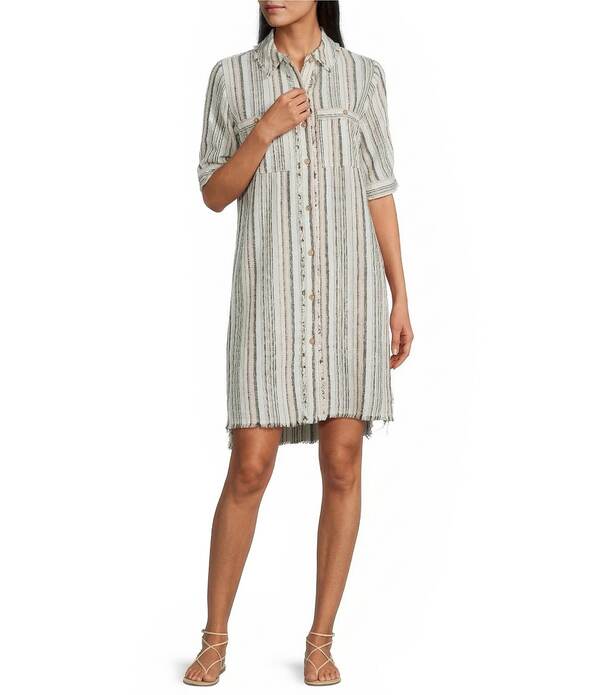 ウエストバウンド レディース トップス ワンピース シャツ リネン Westbound Linen Blend Short Sleeve Y-Neck Shirt Dress Olive/Cream Stripe クリーム