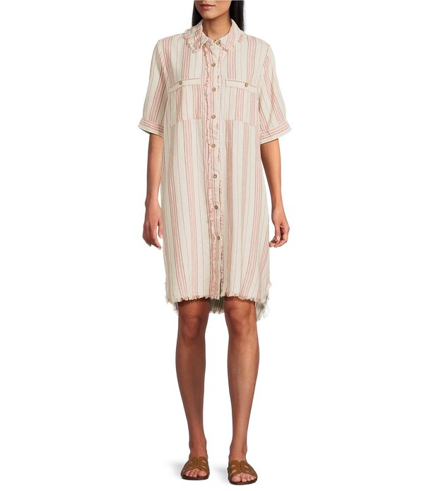 ウエストバウンド レディース トップス ワンピース プチ シャツ Westbound Petite Size Short Sleeve Y-Neck Shirt Dress Natural/Pink Stripe ピンク