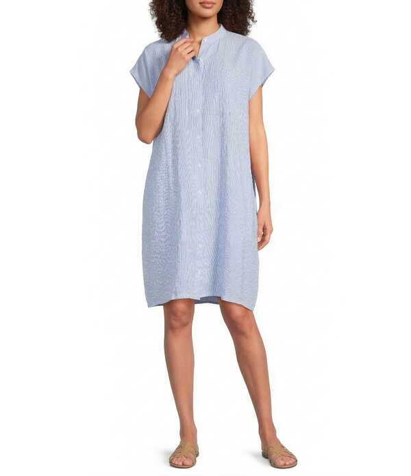 エイリーンフィッシャー レディース トップス ワンピース キャップ リネン Eileen Fisher Puckered Organic Linen Stripe Mandarin Collar Cap Sleeve Dress Ultramarine ストライプ｜ReVida 店