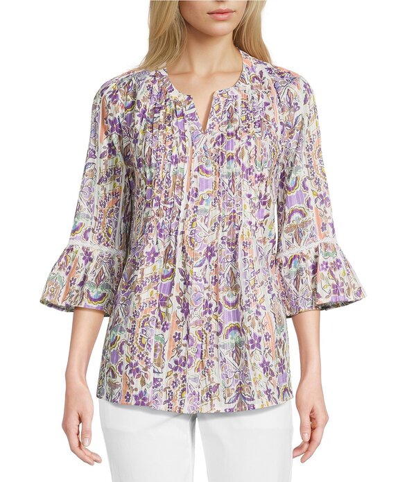 アリソン デイリー レディース トップス シャツ プチ プリント ブラウス Allison Daley Petite Size Lavender Garden Print 3/4 Bell Sleeve Button Front Y-Neck Blouse Lavender Multi Garden ラベンダー