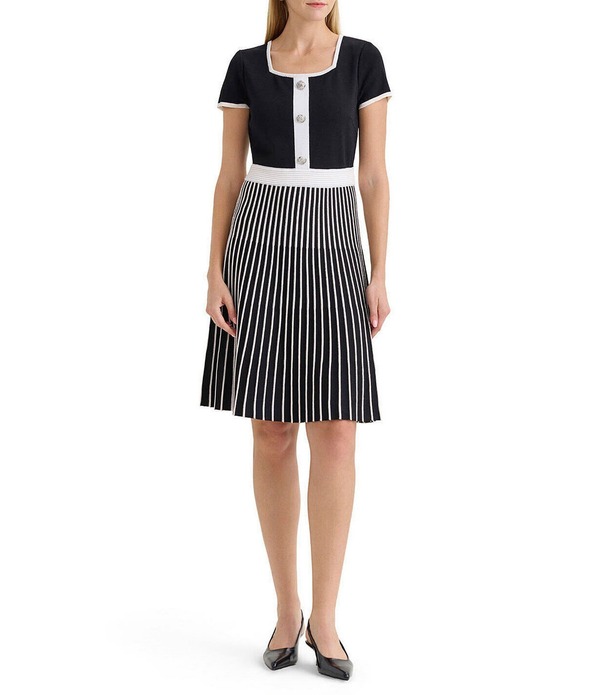ミンウォン レディース トップス ワンピース ニット Ming Wang Stripe Knit Square Neck Short Sleeve Fit-And-Flare Dress Black/White ホワイト