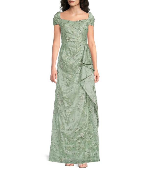 ジェイエスコレクションズ レディース トップス ワンピース 刺繍 JS Collections Blossom Embroidered Organza Sweetheart Neckline Short Sleeve Cascadetail Gown Sea Foam