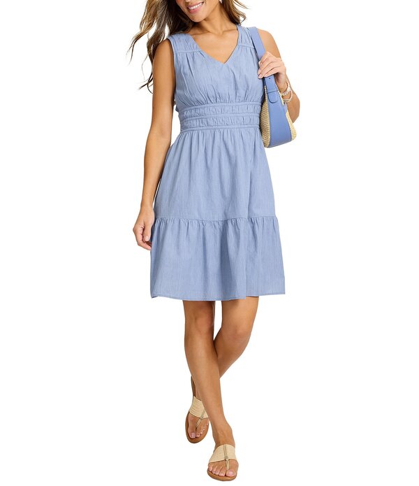 トッミーバハマ レディース トップス ワンピース フリル裾 Vネック フリル ノースリーブ Tommy Bahama Voile Voyage V-Neck Sleeveless Ruffle Hem Fit & Flare Dress Port Side Blue ブルー