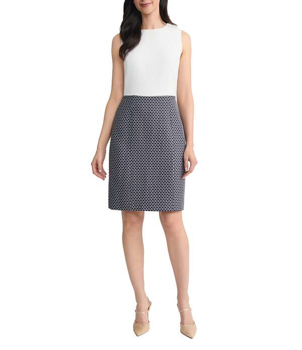 カスパール レディース トップス ワンピース クレープ Kasper Crepe Plaid Sheath Dress Lily White/Navy White Multi ホワイト