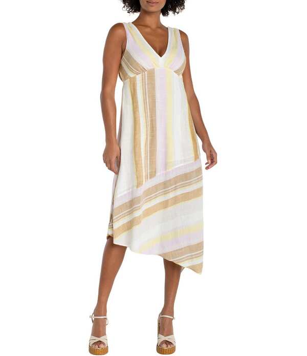 リヴァプール ロサンゼルス レディース トップス ワンピース Vネック ミディ ノースリーブ Liverpoolos Angeles Woven Stripe V-Neck Sleeveless Midi Dress Neapolitan ストライプ|ReVida 店