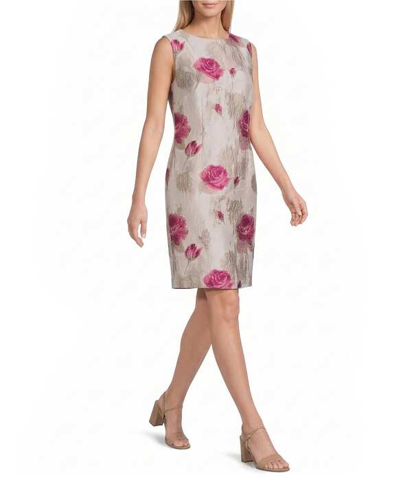 キャロライン サクラ色 レディース トップス 衣装 ノースリーブ Caroline Rose Romantic Rose Jacquard Scoop Neck Sleeveless Coordinating Sheath Dress Pink Multi サクラ色