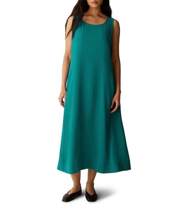 エイリーンフィッシャー レディース トップス 衣装 縮緬 MIDI 絹地 ノースリーブ Eileen Fisher Fine Silk Crepe Ballet Neck Sleeveless Midi Dress Teal ティール