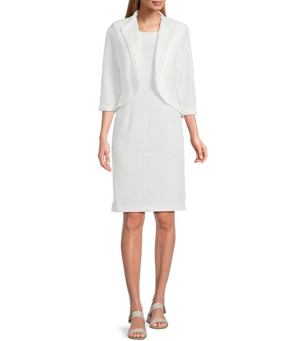ルボ レディース トップス 衣装 編み物 上衣 Le Bos Pearl Trim Crinkle Knit 3/4 Sleeve Jacket Dress White 白いこと
