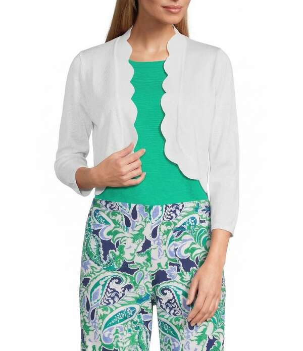 インベストメンツ レディース アウター 編み物・プルオーバー ジレー Investments 3/4 Sleeve Scallop Edge Open Front Cardigan Snowhite 白いこと トップス-セーター-レディースファッション