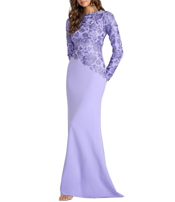 タダシショージ レディース トップス ワンピース クレープ アシンメトリー 刺繍 レース Tadashi Shoji Long Sleeve Asymmetrical Embroidered Lace Textured Crepe Gown Lavender ラベンダー