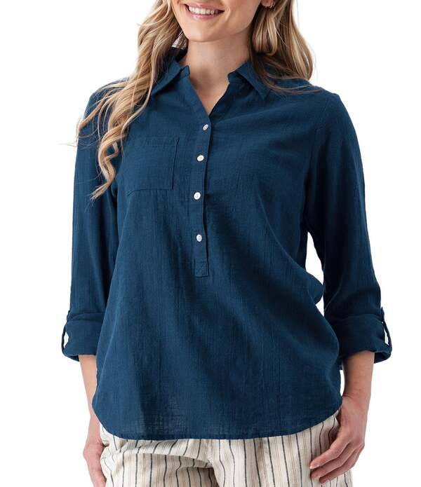 アベンチュラ レディース トップス シャツ コットン Aventura The Laken Organicotton Roll-Tab Sleeve Popover Top Gibraltar Sea|ReVida 店