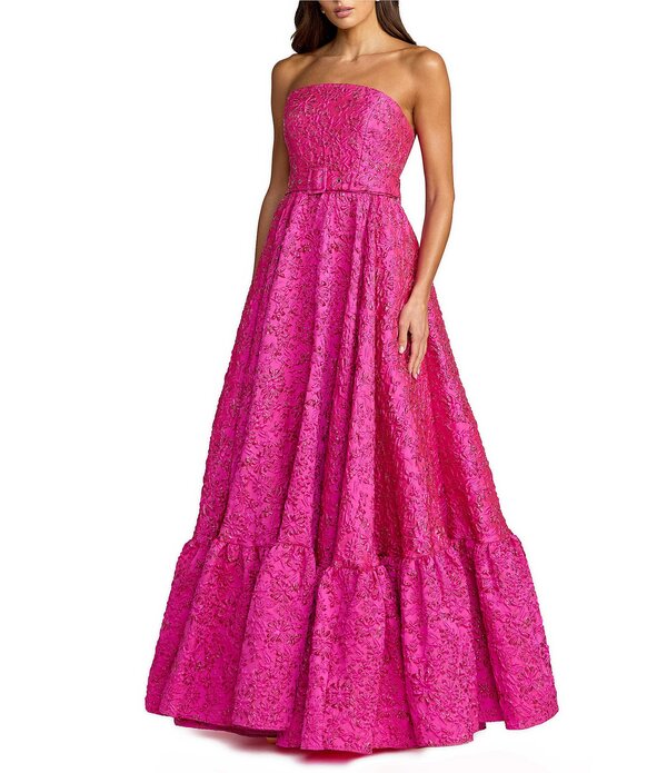 マックダガル レディース トップス ワンピース フリル裾 フラワー柄 フリル ストラップレス フラワー Mac Duggal Strapless Floral Jacquard Belted Ruffle Hem Gown Hot Pink ピンク｜ReVida 店