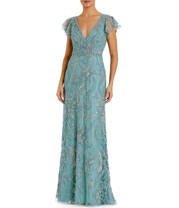 マックダガル レディース トップス 衣装 刺しゅう Mac Duggal Flutter Sleevembroidered Gown Seafoam