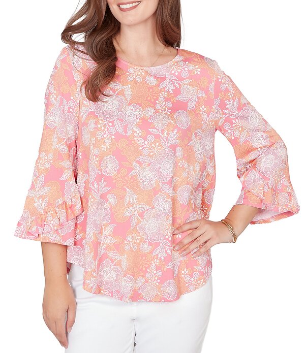 ルビーアールディー レディース トップス シャツ フラワー柄 プチ フリル フラワー Ruby Rd. Petite Size Floral Scoop Neck 3/4 Ruffle Trim Sleeve Top Cotton Candy Multi マルチカラー