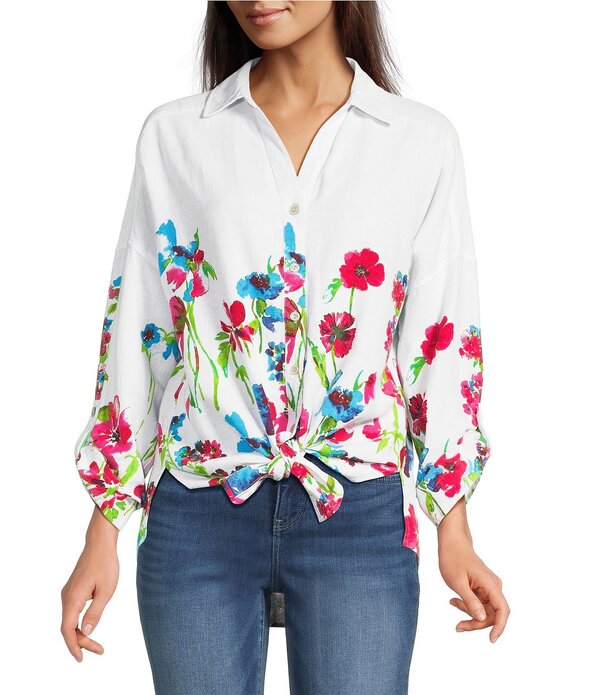アリ マイルス レディース トップス シャツ フラワー柄 プリント リネン フラワー Ali Miles Woven Floral Border Linen Blend Print Point Collar Long Roll-Tab Sleeve Button Tie Front Shirt Floral Multi マルチカラー 18,186円